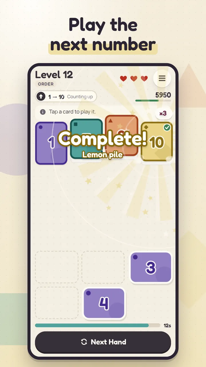 Playing a card completes the yellow pile: Complete!